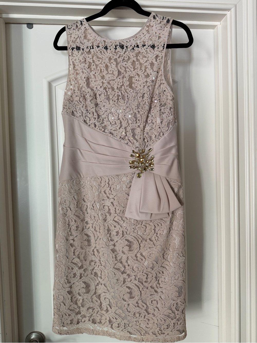 Eliza J Blush Lace Midi Dress with Jeweled Brooch